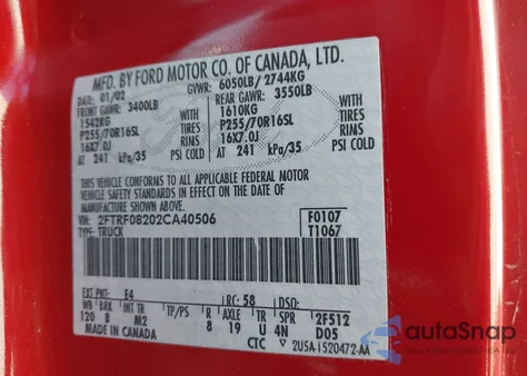 2002 Ford F-150 Xl/Xlt из США, поврежденный, VIN 2FTRF08202CA40506